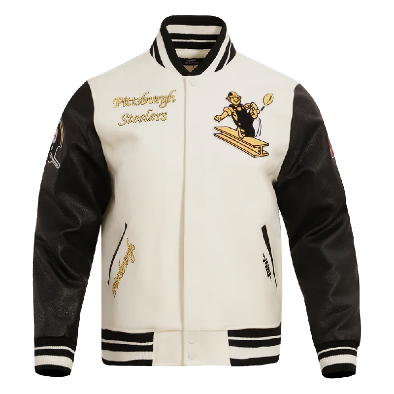 NFL PITTSBURGH STEELERS RETRO CLASSIC MEN'S RIB WOOL VARSITY JACKET (EGGSHELL/ BLACK) Refined Women's Hand - crafted NFL PITTSBURGH STEELERS RETRO CLASSIC MEN'S RIB WOOL VARSITY JACKET (EGGSHELL/ BLACK) Refined Women's Hand - crafted