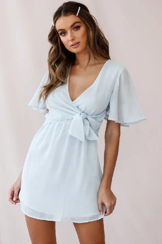 Stealing Hearts Flutter Sleeve Wrap Front Dress Blue Dynamic Women's Moto