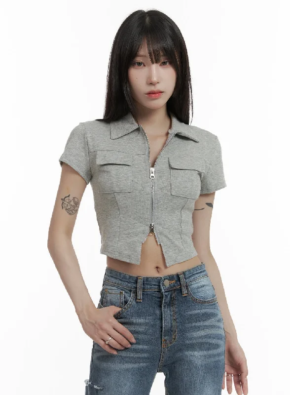 Double Zipper Collar Cropped Shirt CA426 Sporty Women's Tennis