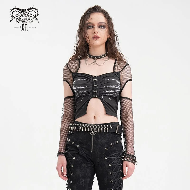 Women's Punk Cut-out Mesh Long Sleeve Crop Top Sophisticated Women's 