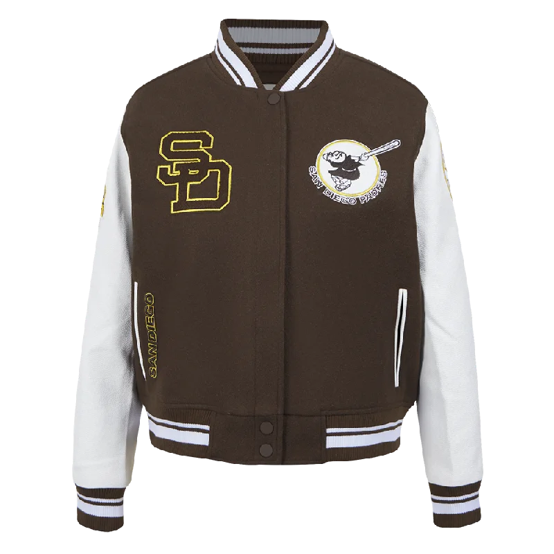 MLB SAN DIEGO PADRES RETRO CLASSIC WOMEN'S RIB WOOL VARSITY JACKET (BROWN/WHITE) Feminine Women's Style MLB SAN DIEGO PADRES RETRO CLASSIC WOMEN'S RIB WOOL VARSITY JACKET (BROWN/WHITE) Feminine Women's Style
