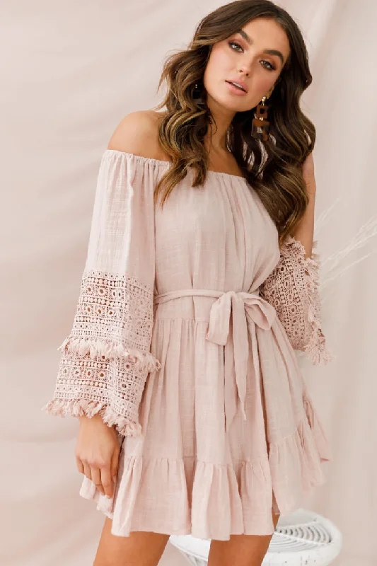 Mona Off-Shoulder Embellished Sleeve Dress Mocha Feminine Women's Soft 