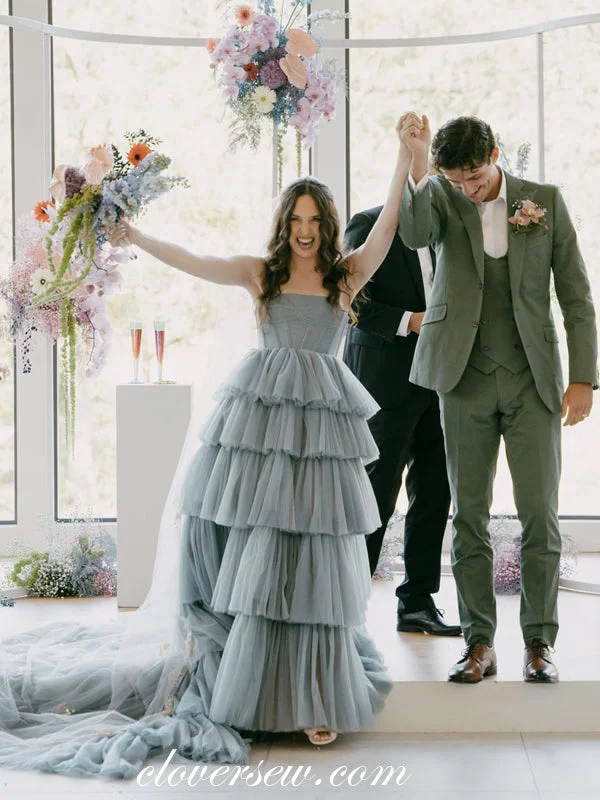 Dusty Blue Tulle Tiered A-line Spaghetti Strap Wedding Dresses, CW0344 Sharp Women's Italian Dusty Blue Tulle Tiered A-line Spaghetti Strap Wedding Dresses, CW0344 Sharp Women's Italian