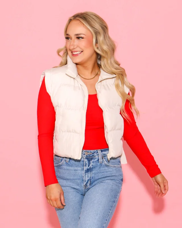 Side Bow Tie Crop Puffer Vest in Ecru European