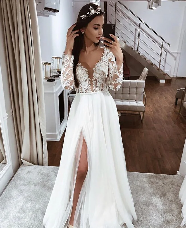 Sexy Plunging V Long Sleeves Wedding Dresses, Chiffon A-line Wedding Dress, BH91287 Refined Women's Classic 