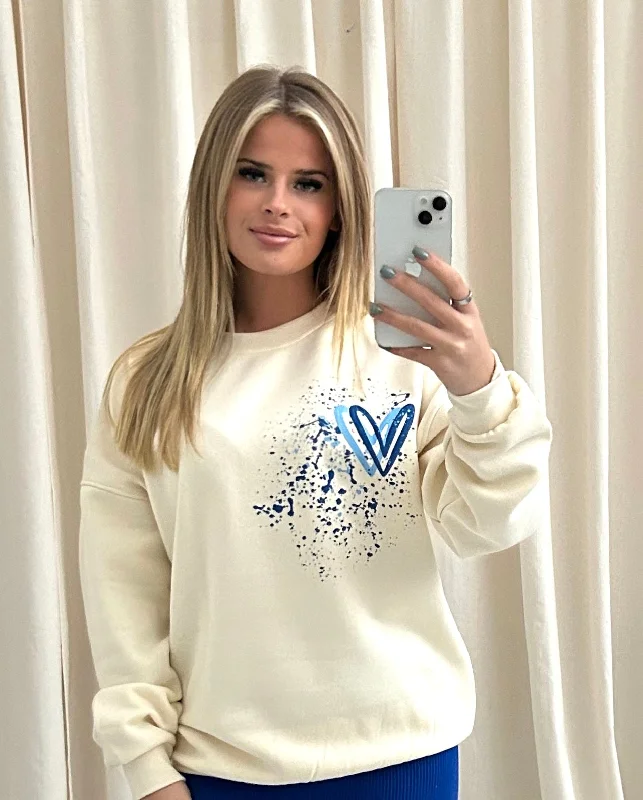 Royal Blue Heart Graffiti Sweatshirt Cream Monochromatic Office Style