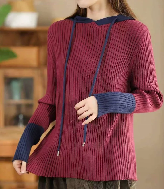 Women Trendy Color Block Ribbed Knit Hoodie Sweater British Gentlewoman Style
