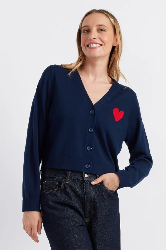 Navy Merino Heart Breton Cardigan Refined Women's Classic 