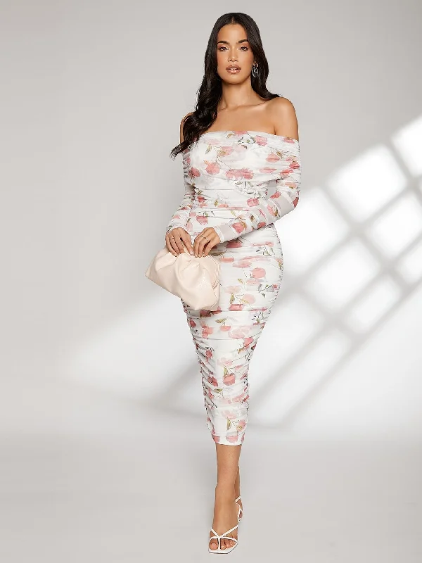 Floral Ruched Long Sleeve Off The Shoulder Pencil Natural Long Dress Bold Women's Animal Print Floral Ruched Long Sleeve Off The Shoulder Pencil Natural Long Dress Bold Women's Animal Print