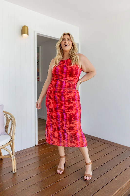 Teagan Mesh Midi Dress in Red Modern Women's 