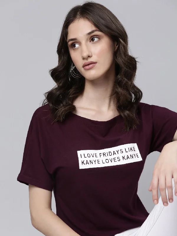 Women Purple Typographic Slim Fit Tshirt Gym