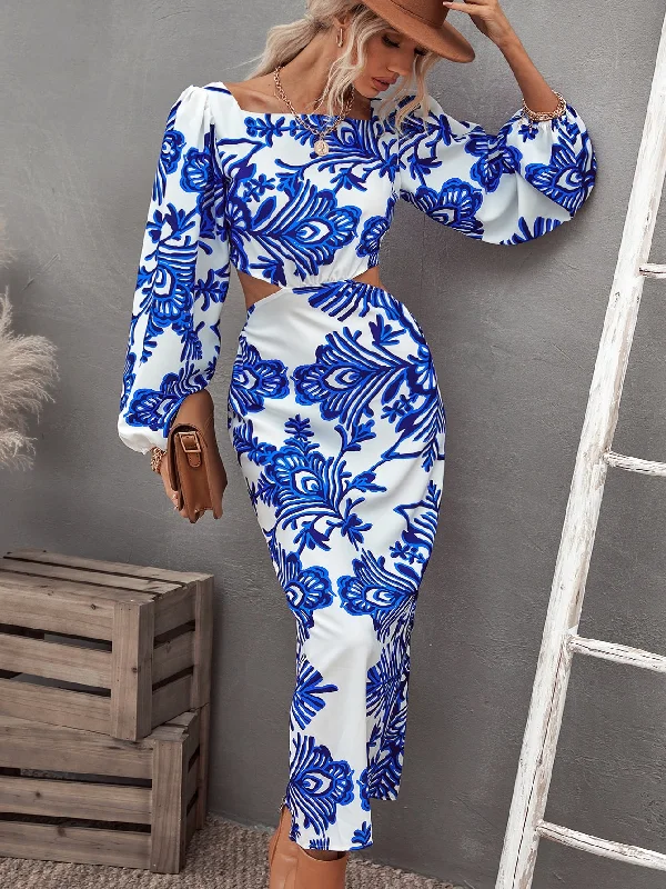 Plants Tie Back Long Sleeve Square Neck Straight High Waist Long Dress purpose