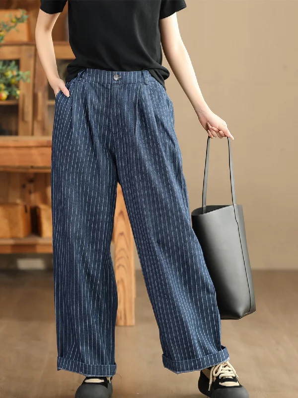 Babakud Women Autumn Cotton Linen Denim Striped Wide- Leg Pants Feminine Women's Style 