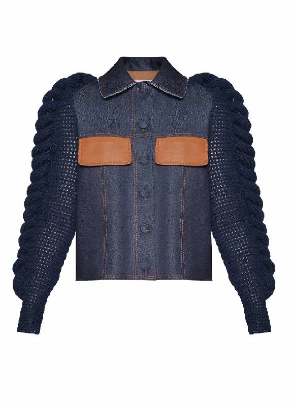 DENIM BLAZER WITH KNITTED SLEEVES Classic Women's Pin - striped