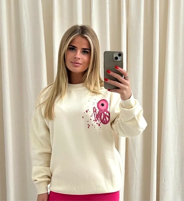 Pink Evil Eye, Peace, Heart Graffiti Sweatshirt Cream Women