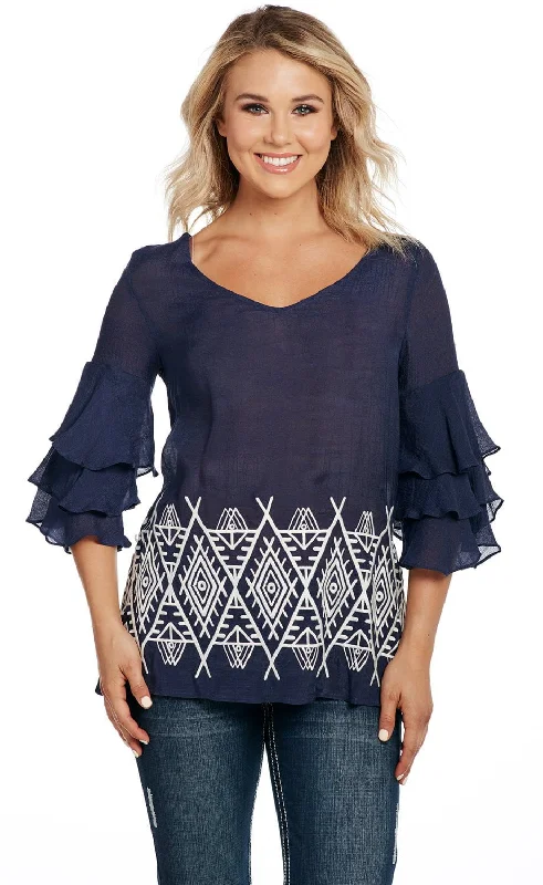 Cowgirl Up Womens Navy Rayon 3-Tier Ruffle Tunic S/S Sophisticated Women's 