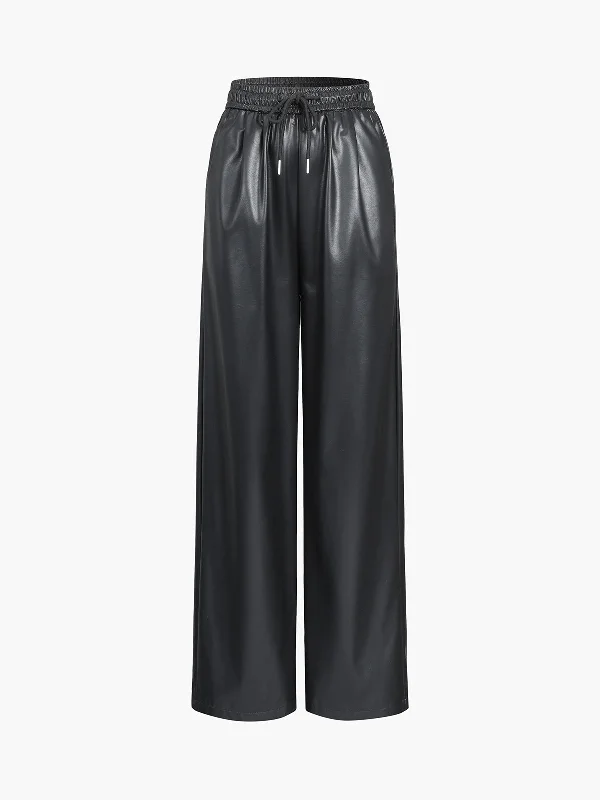 BerryBetty - Drawstring Faux Leather Straight Leg Pants Sophisticated Women's 