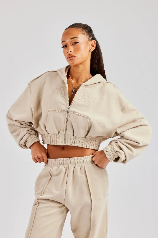 Cropped Exposed Seam  Zip Through Hoodie - Stone Adventure