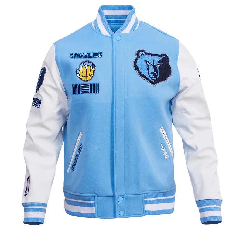 NBA MEMPHIS GRIZZLIES RETRO CLASSIC MEN'S RIB WOOL VARSITY JACKET (UNIVERSITY BLUE/WHITE) Luxurious Women's High - end NBA MEMPHIS GRIZZLIES RETRO CLASSIC MEN'S RIB WOOL VARSITY JACKET (UNIVERSITY BLUE/WHITE) Luxurious Women's High - end