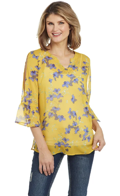 Cowgirl Up Womens Yellow Floral Polyester Bell Sleeve Tunic S/S French