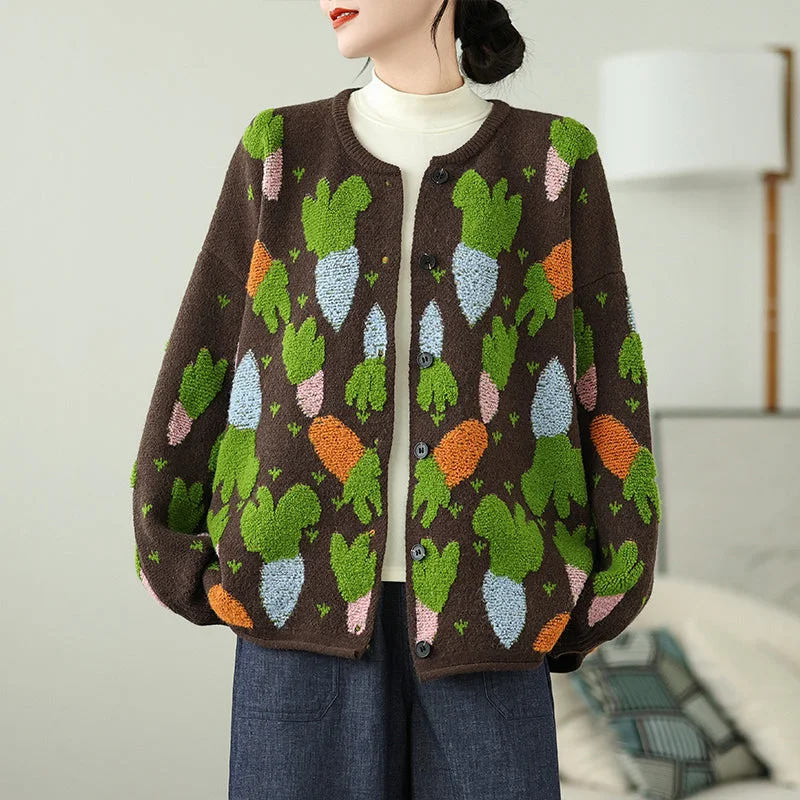 Babakud Women Autumn Carrot Jacquard Knitted Buttoned Sweater Classic Women's Tweed