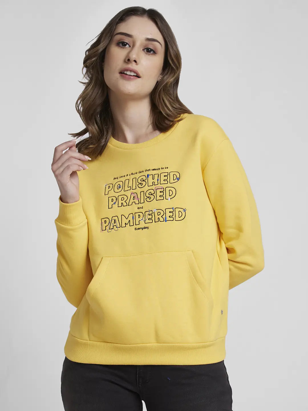 Spykar Women Pineappleyellow Blended Regular Fit Round Neck Printed Sweatshirt European Spykar Women Pineappleyellow Blended Regular Fit Round Neck Printed Sweatshirt European