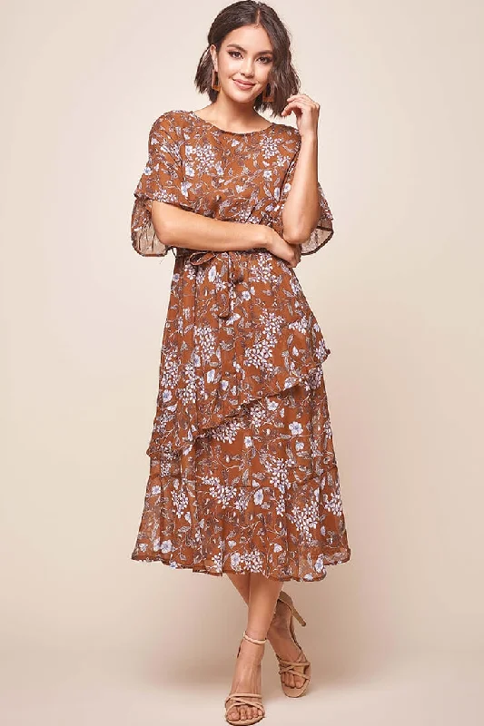 Jackson Waist Tie Ruffle Dress Rust Print Dapper Women's 1920S