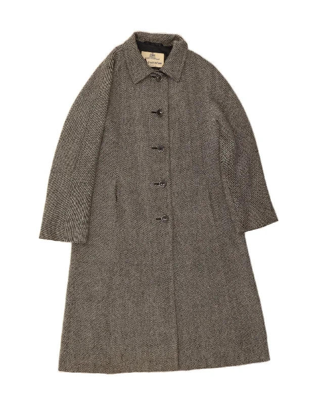 AQUASCUTUM Womens Overcoat UK 10 Small Grey Striped Viscose Classic