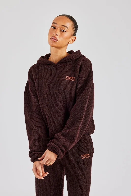 Knit Boxy Embroidered Hoodie - Chocolate European