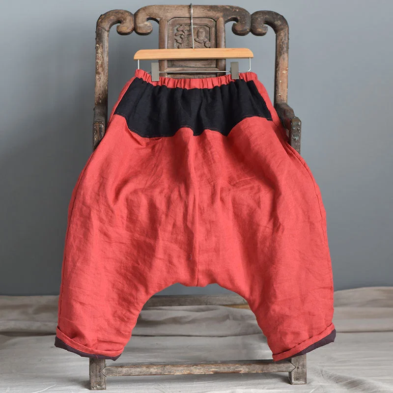 Women Color Block Warm Drop-Crotch Cotton Harem Pants Youthful Women's Pop
