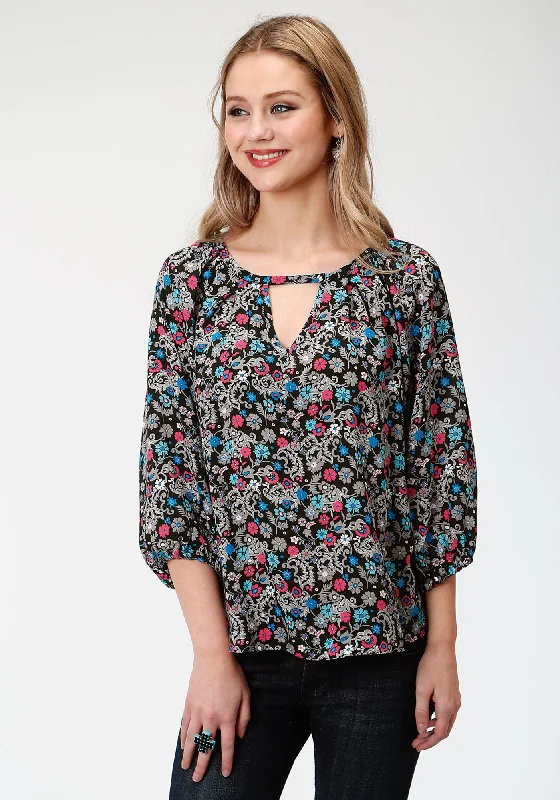 Roper Womens Black Rayon/Nylon Country Paisley S/S Blouse Streetwear Style for 