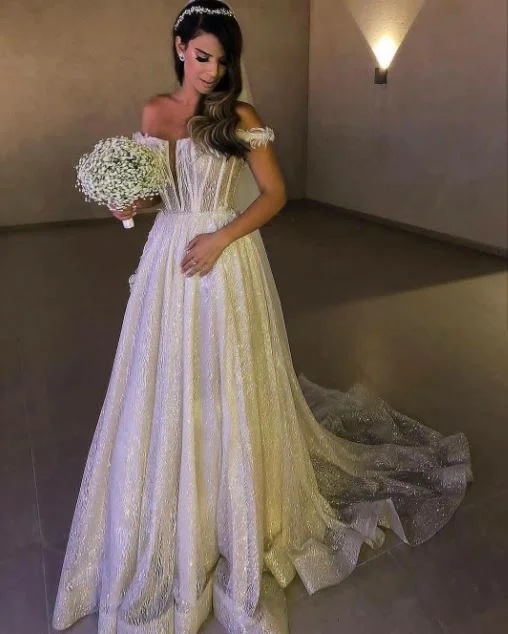 Deep V-Neck Off The Shoulder Court Train Wedding Dress, BH91283 Bohemian Women's Free Deep V-Neck Off The Shoulder Court Train Wedding Dress, BH91283 Bohemian Women's Free