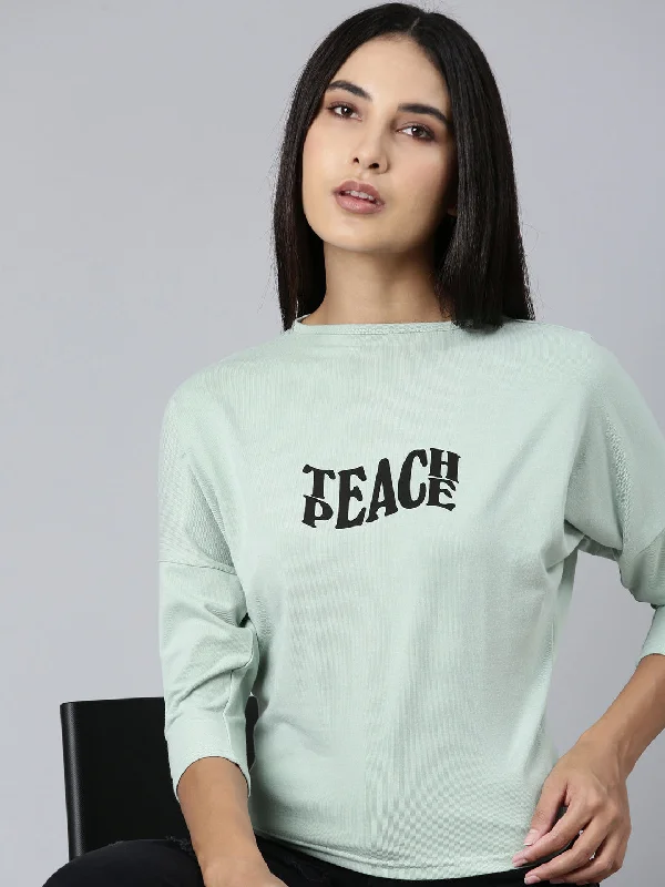 Women Sea Green Typographic Slim Fit Tshirt