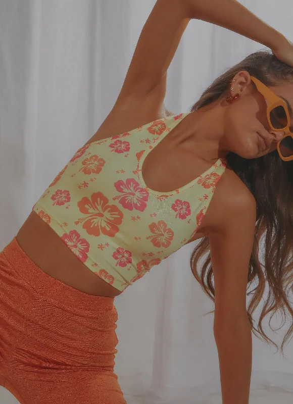Maui Halter Crop - Yellow Hawaiian Floral Bold Women's Animal Print