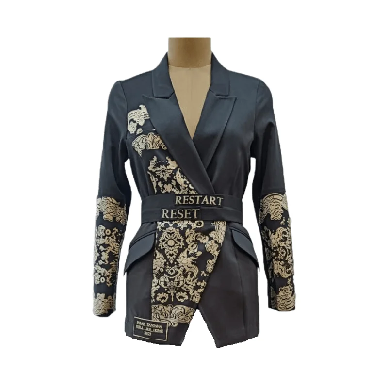 Black Gold Porcelain Blazer with Belt Practical Women's Multi - 