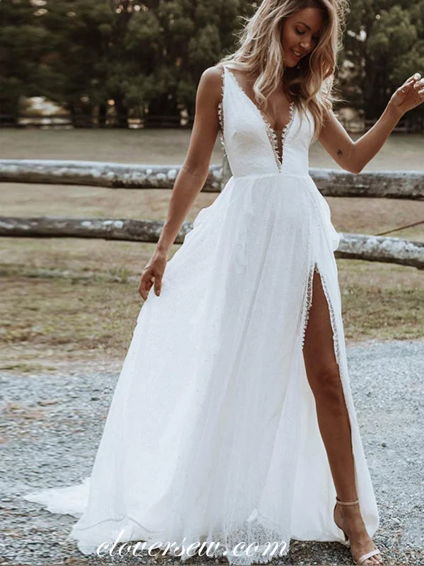 Off White Bohemian Lace Backless Deep V-neck With High Slit Wedding Dresses, CW0343 Luxurious Women's High - end Off White Bohemian Lace Backless Deep V-neck With High Slit Wedding Dresses, CW0343 Luxurious Women's High - end