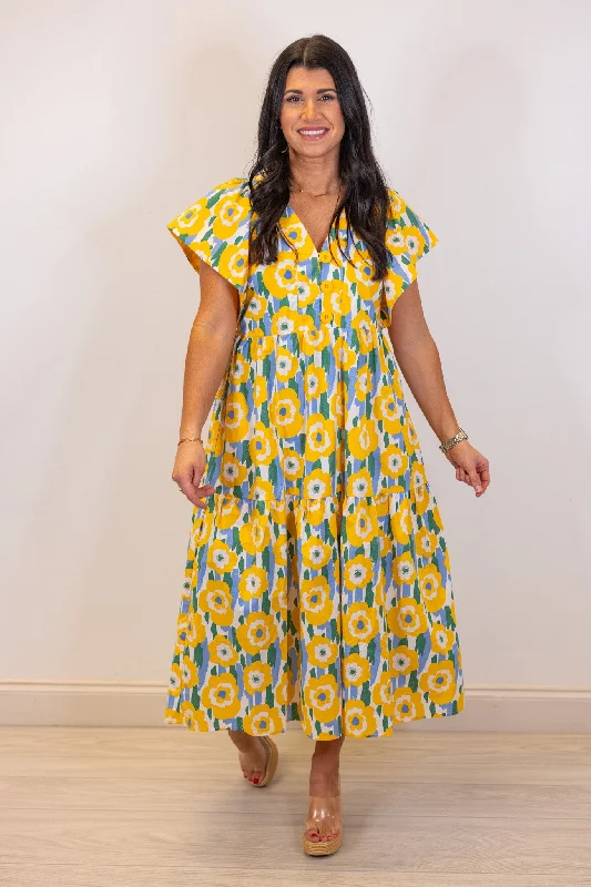 Floral Sunshine Yellow Midi Dress Classic Women's Tweed