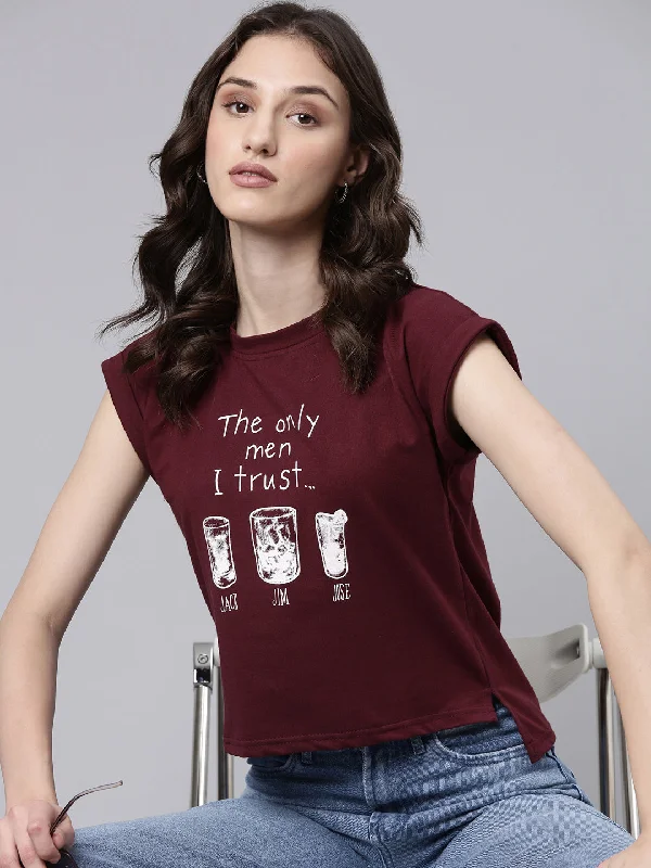 Women Maroon Typographic Slim Fit Tshirt Adventure