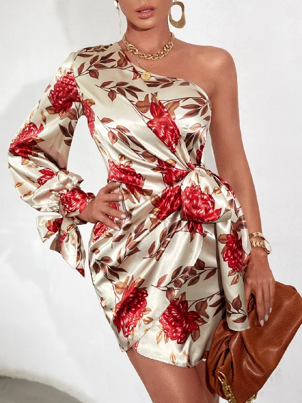 Floral Knot Long Sleeve One Shoulder Wrap Natural Short Dress Bold Women's Statement Floral Knot Long Sleeve One Shoulder Wrap Natural Short Dress Bold Women's Statement