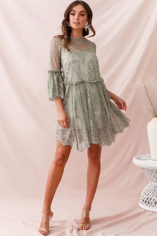 Birdie Lace Overlay Swing Dress Pistachio Hip Women's Urban