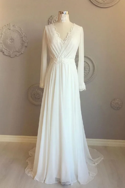 simple elegant white long sleeves v-neck chiffon and lace wedding dress,HO148