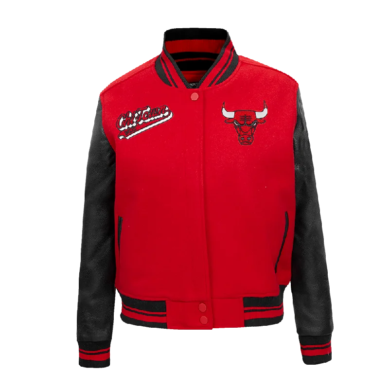 NBA CHICAGO BULLS SCRIPT TAIL WOMEN'S RIB WOOL VARSITY JACKET (RED/BLACK) Earthy Women's Hemp - based NBA CHICAGO BULLS SCRIPT TAIL WOMEN'S RIB WOOL VARSITY JACKET (RED/BLACK) Earthy Women's Hemp - based