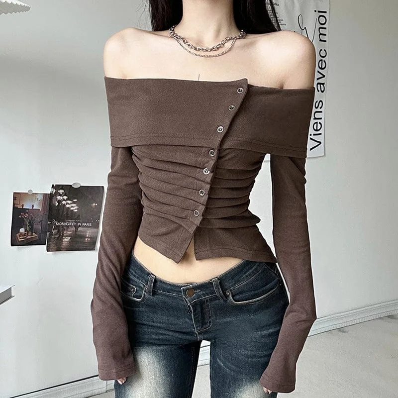 Women's Grunge Ruffled Off Shoulder Long Sleeved Crop Top Bohemian Women's Free