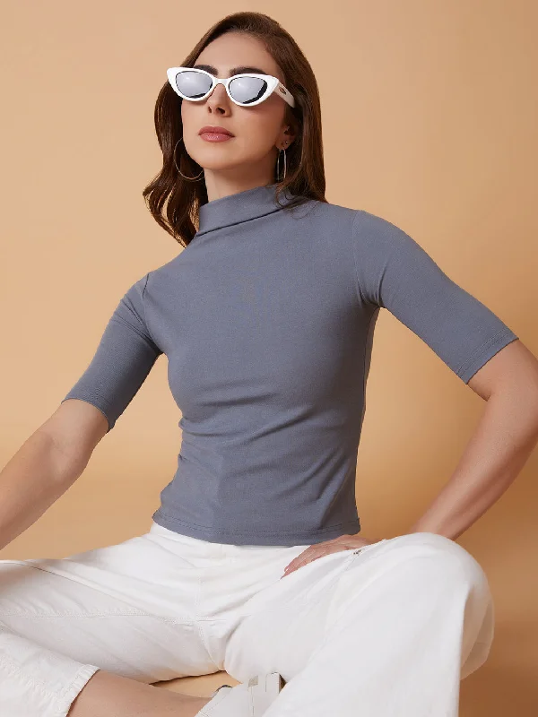 Women High Neck Grey Solid T Shirt Athletic Women's High - 