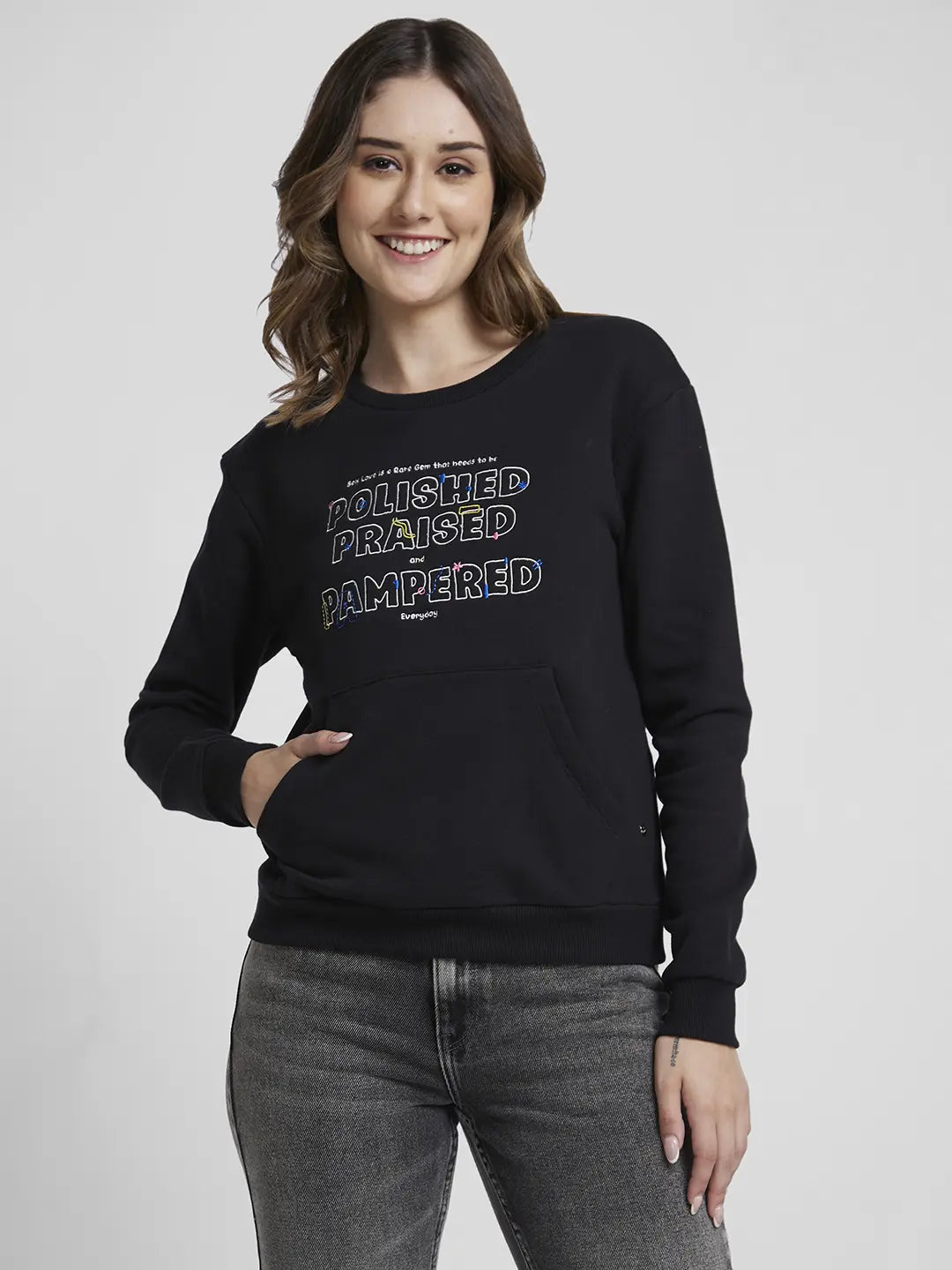 Spykar Women Black Blended Regular Fit Round Neck Printed Sweatshirt Polished Women's Silk