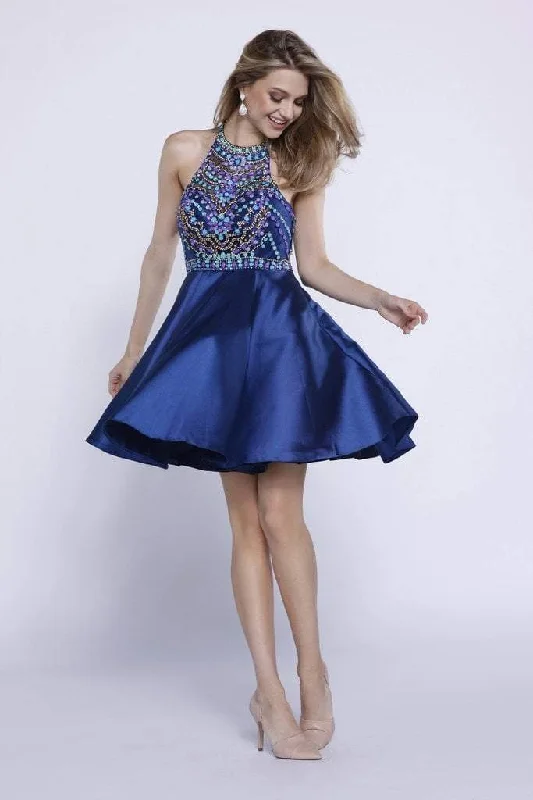 Nox Anabel 6251 Bejeweled High Halter Satin Dress in Navy