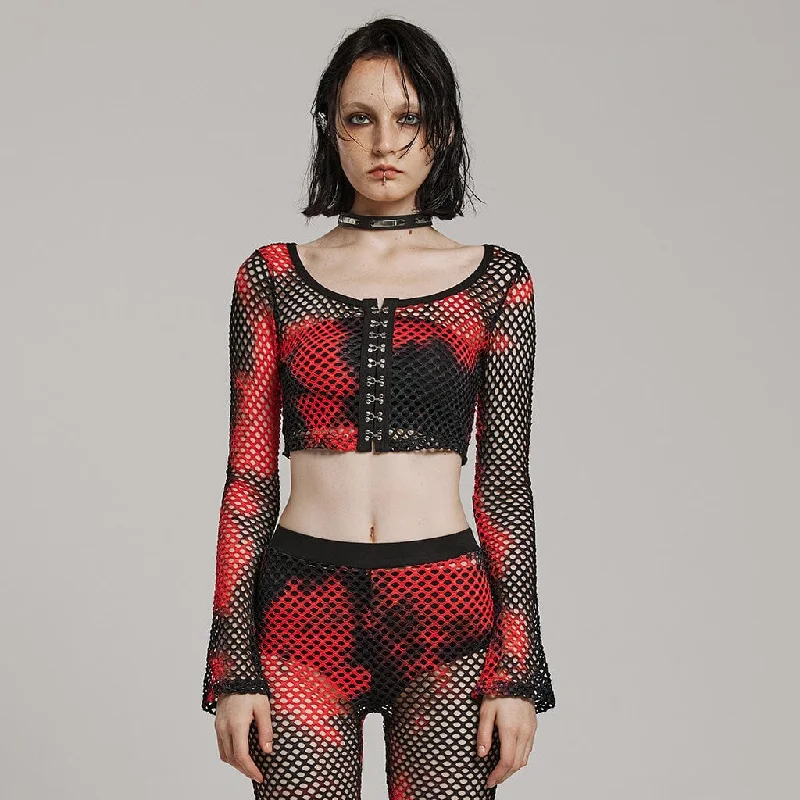 Women's Punk Mesh Tie-dyed Long Sleeved Crop Top Black-Red Refined Women's Hand - crafted