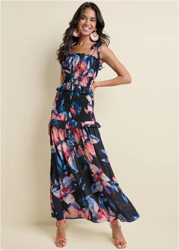 Smocked Floral Print Dress  - Black Multi Youthful Women's Anime - inspired