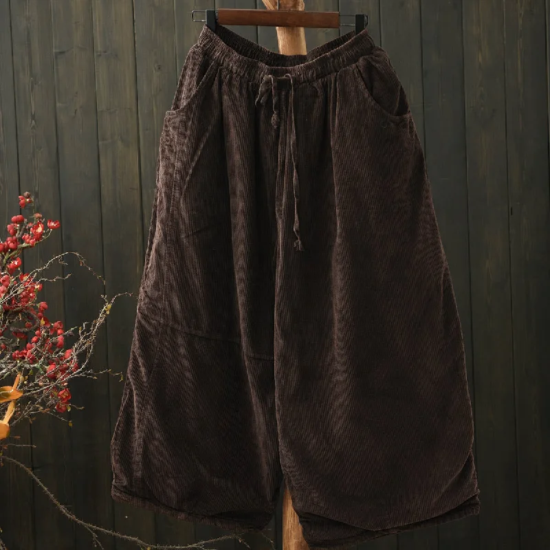 Women Winter Vintage Corduroy Tie-Waist Quilted Wide-Leg Pants