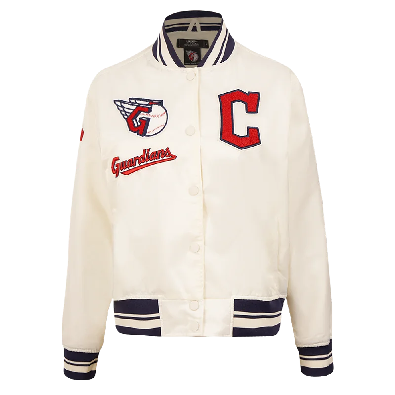 MLB CLEVELAND GUARDIANS RETRO CLASSIC WOMEN'S RIB SATIN JACKET (EGGSHELL/ MIDNIGHT NAVY) Hip Women's Urban MLB CLEVELAND GUARDIANS RETRO CLASSIC WOMEN'S RIB SATIN JACKET (EGGSHELL/ MIDNIGHT NAVY) Hip Women's Urban